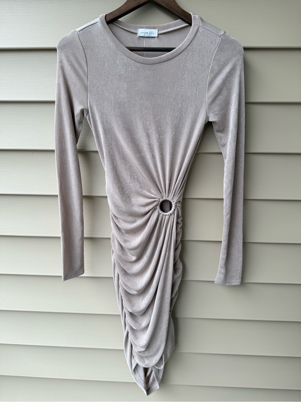 NWT Juniper Blu Taupe Metallic Ruched Ring Cutout Midi Dress S